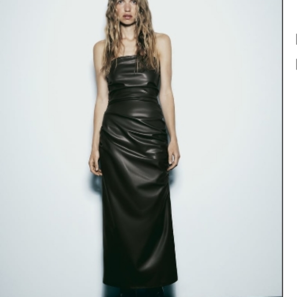 Zara Strapless Faux Leather Khaki Midi Dress